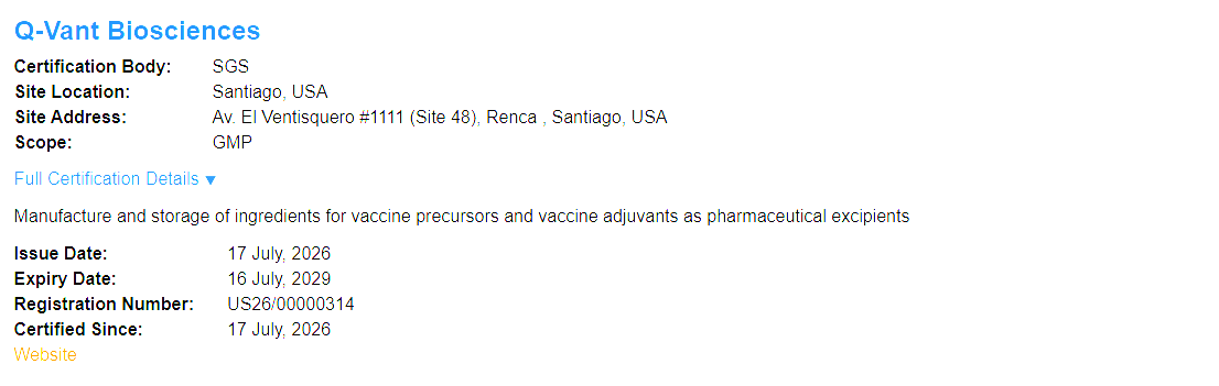 Q-VANT Biosciences Achieves GMP Certification for Commercial-Scale QS-21 Production